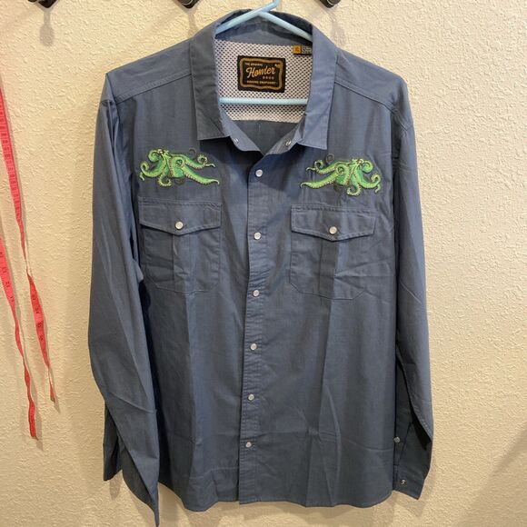 NEW RARE Howler Bros Gaucho Snapshirt Mens XL Octopus Cobalt Blue Pearl Snap - Picture 1 of 9